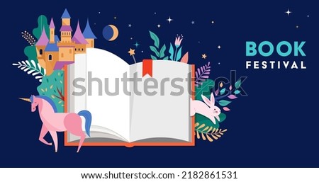 Book festival concept design. Open huge book with magic forest, castel, unicorn and flowers. Fantasy and Imagination concept design. Vector illustration, poster and banner 
