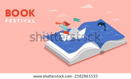 Book festival concept of a little girl sailing the boat and reading an open huge book. Fantasy and Imagination concept design. Vector illustration, poster and banner  Royalty-Free Stock Photo #2182861533