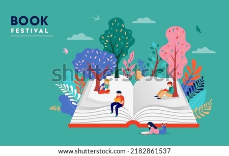 Book festival and fair concept of a small people, kids reading an open huge book. Back to school, library concept design. Vector illustration, poster and banner Royalty-Free Stock Photo #2182861537