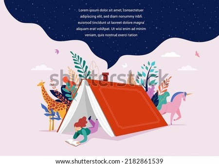 Book festival and fair concept. Little girl reading in the open huge book, opened as a home. Fantasy, adventures and Imagination concept design. Vector illustration, poster and banner 