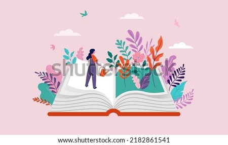 Book festival concept of the woman watering garden and reading an open huge book. Back to school, library concept design. Vector illustration, poster and banner