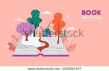 Book festival concept of a small house in the middle of forest, placed on the open huge book. Back to school, library concept design. Vector illustration, poster and banner