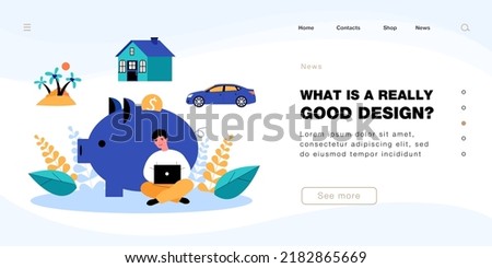 Male person with laptop saving money for holiday, house or car. Island, house and automobile above giant piggybank flat vector illustration. Investment, finances, wealth concept for banner.