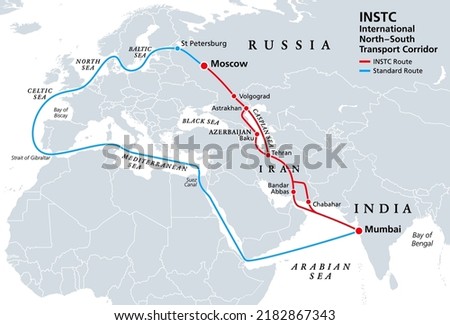 INSTC, International North–South Transport Corridor, political map. Network for moving freight, with Moscow as north end and Mumbai as south end, replacing the standard route across Mediterranean Sea. Royalty-Free Stock Photo #2182867343