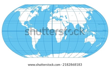 The World, important circles of latitudes and longitudes, blue colored political map. Equator, Greenwich meridian, Arctic and Antarctic Circle, Tropic of Cancer and Capricorn. Illustration. Vector. Royalty-Free Stock Photo #2182868183
