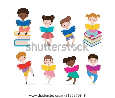 Vector Illustration Set Of Kids Reading Book, Children Education isolated on white background