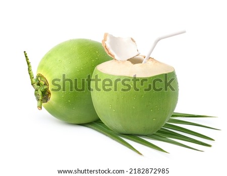 Cool  young coconut juice with water droplets isolated on white background. 