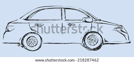 Vector monochrome line drawing sketches in the style of pen on paper. Modern car. Side view