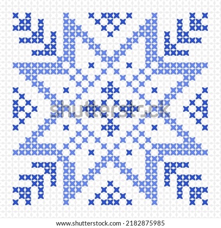 Scandinavian ornament, blue snowflake, cross stitch needlework
