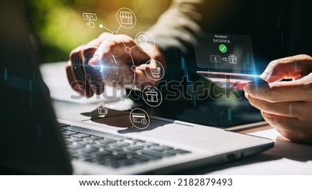 Businessman with notebook computer paying online shopping on virtual interface. Online payment banking  transaction and e-commerce digital marketing technology concept. 3D illustration. Royalty-Free Stock Photo #2182879493