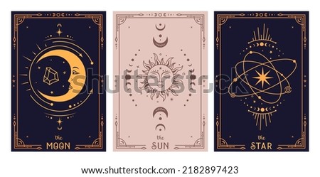 Mystical tarot card sun moon and star. Celestial poster design. Boho vector illustration. Esoteric decorative element. Witchcraft, occult, spiritual design Royalty-Free Stock Photo #2182897423