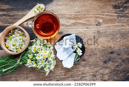 cup of herbal chamomile tea and daisy tea bags and fresh flower	
