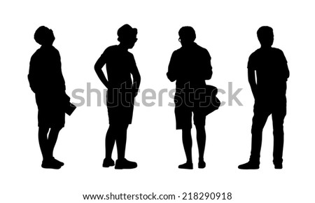 silhouettes of ordinary young men standing outdoor in different postures, profile and back views