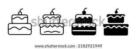 Cakes. Set of cakes icon. Two-story cake with cream and a cherry. Vector clipart isolated on white background.