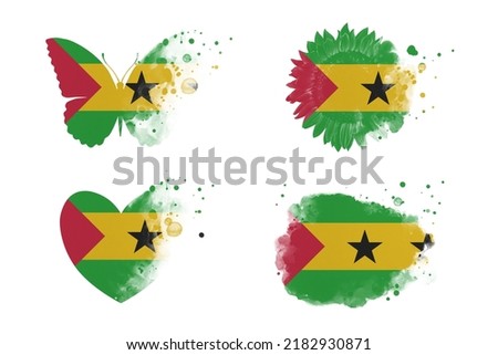 Sublimation backgrounds different forms on white background. Artistic shapes set in colors of national flag. Sao Tome