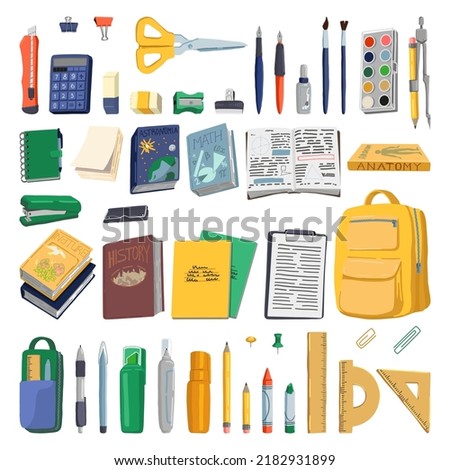 School supplies doodles collection. Set of backpack, notebooks, textbooks, stationery items, beginner artist tools. Cartoon style vector illustrations. Back to school cliparts isolated on white.
