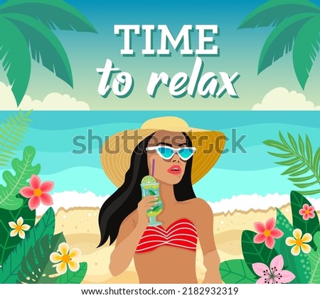 tropical look. holiday in an exotic country. summer sale banner. palm trees, beach, plants. vector illustration