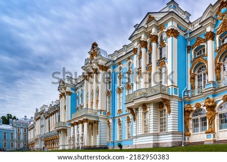 Catherine Palace is a Rococo palace located in the town of Tsarskoye Selo (Pushkin), 30 km south of St. Petersburg, Russia Royalty-Free Stock Photo #2182950383