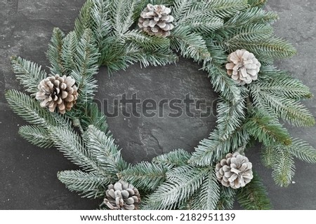 Fir branches with acorns on a white surface. New year 2023