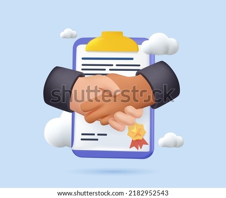 Vector illustration, 3D handshake. Conclusion of a business 3D contract, successful partnership, cooperation. Sign online document. Two businessmen are shaking hands in office. 3D render vector