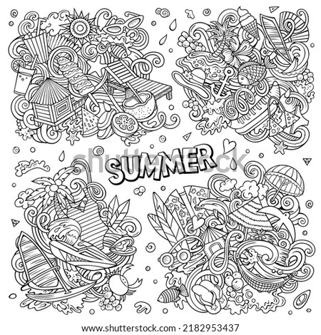 Summer beach cartoon vector doodle designs set. Line art detailed compositions with lot of summertime objects and symbols