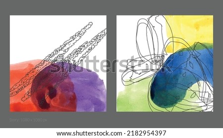 Abstract square social media template. Contemporary simple composition. Rough scribble uneven hand drawn floral fruit shapes made with black ink on transparent overlapping watercolor paint spots.