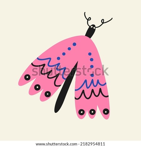 Bright hand-drawn butterfly, moth. Insect with beautiful wings, fauna, tropical insect. Flat design, cartoon.