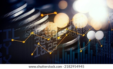 Double exposure image of coin stacks on technology financial graph background.Economy trends background for business ,financial meltdown ,Cryptocurrency digital economy. Royalty-Free Stock Photo #2182954945