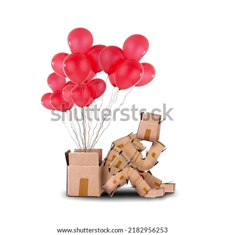 Box character sitting next to an open box with red balloons floating out of it. Thinking out of the box isolated on white background