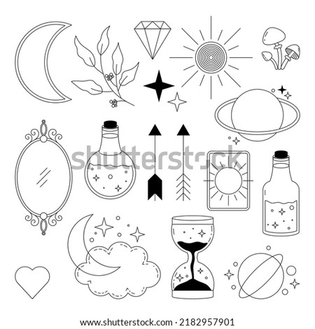 Flat design elements in vintage style drawing with black lines on white background