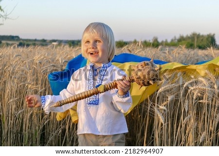 Cute little child kid boy in embroidered shirt holding,carrying ukrainian national blue yellow flag,mace symbol,wheat field.military russian invasion.Ukraines Independence,Flag,Constitution,Kiev day.