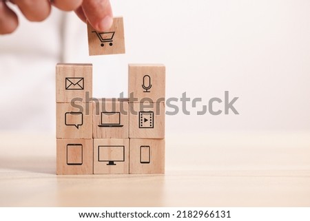 wooden blocks stack to square online marketing. Concept digital marketing and mobile commerce.