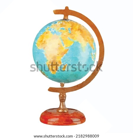 Retro globe on white background. Vintage style world vector picture. Nautical decoration. Back to school. Picture for design, logo and card. Royalty-Free Stock Photo #2182988009