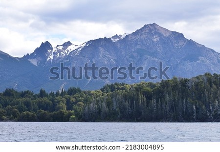 Landscape of mountains, forest and  lake,  Bariloche in patagonia lake called Lago Nahuel Huapi, Argentina. 