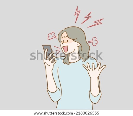 Angry aggressive woman nervously screaming looking with hatred at mobile phone screen. Hand drawn in thin line style, vector illustrations. Royalty-Free Stock Photo #2183026555
