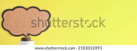 plant with blank sign on yellow background. copy space, advertisement, presentation. New ideas, creativity and think out of the box concept. banner