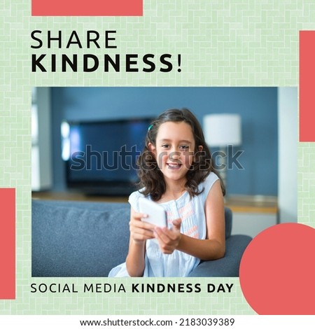 Composition of share kindness and social media kindness day text over biracial girl using smartphone. Social media kindness day and celebration concept digitally generated image.