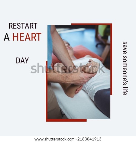Composition of restart a heart day text over doctor checking pressure of caucasian female patient. Restart a heart day concept digitally generated image.
