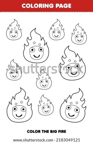 Education game for children coloring page big or small picture of cute cartoon fire line art halloween printable worksheet