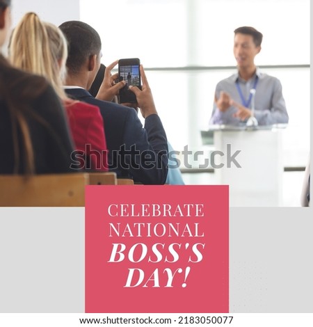 Composition of celebrate national boss's day text over diverse business people on red background. Boss's day and celebration concept digitally generated image.