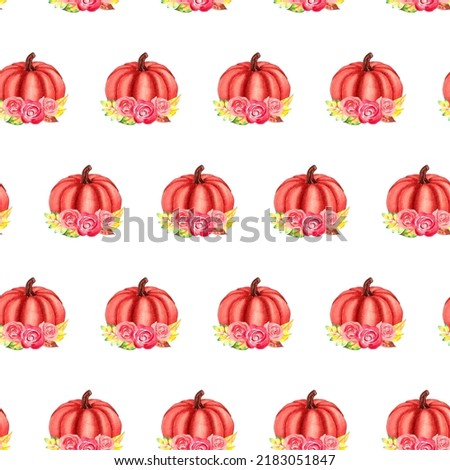Watercolor pumpkins with flowers seamless background isolated on white. Autumn watercolor pattern