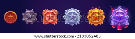 Ranking badges with star and fantasy frame for game ui design. Vector cartoon set of wooden, stone, bronze, silver and gold ranking labels isolated on background Royalty-Free Stock Photo #2183052485