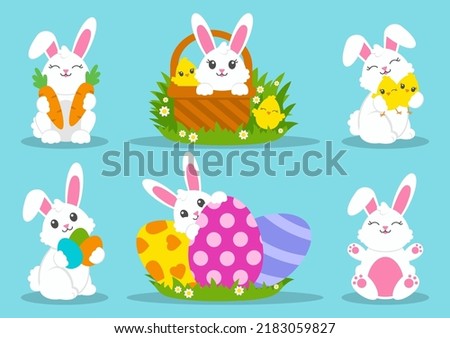Happy Easter. Set of little cute rabbits. Carrot, basket, bunny, chicken, eggs. Colored flat vector illustration isolated on blue background. Cartoon character.