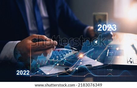 Business  increase arrow graph corporate future growth year 2022 to 2023. Planning,opportunity, challenge and business strategy. Royalty-Free Stock Photo #2183076349
