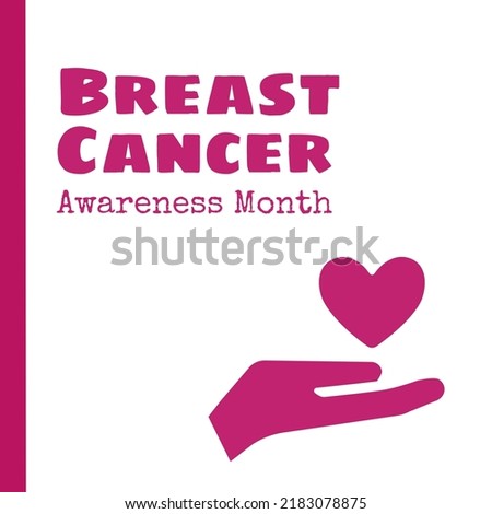 Composition of breast cancer awareness month text with hand holding heart on pink background. Breast cancer awareness month and celebration concept digitally generated image.
