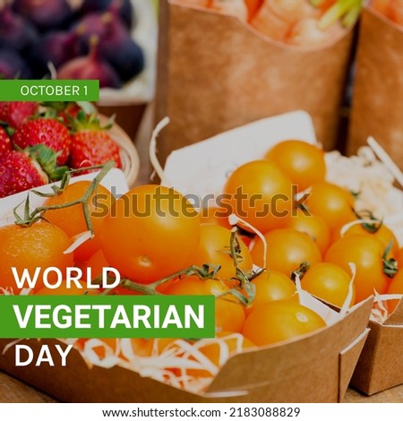 Composition of world vegetarian day text over fruits in boxes. World vegetarian day and celebration concept digitally generated image.
