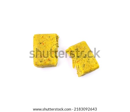 Stock cube isolated. Vegetable stock concentrat, broth cubes, bouillon cube, instant spice soup ingredient on white background