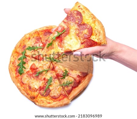 traditional italian pizza with pepperoni spicy sausages isolated on a white background