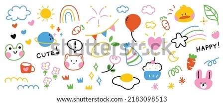 Cute hand drawn doodle vector set. Colorful collection of leaf, scribble, animal, flower, sun, rainbow, cloud, dessert. Adorable creative design element for decoration, ads, prints, branding. Royalty-Free Stock Photo #2183098513