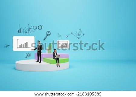 Abstract image of businesspeople with creative pie-chart on blue backdrop with mock up place. Finance, business management and market research concept